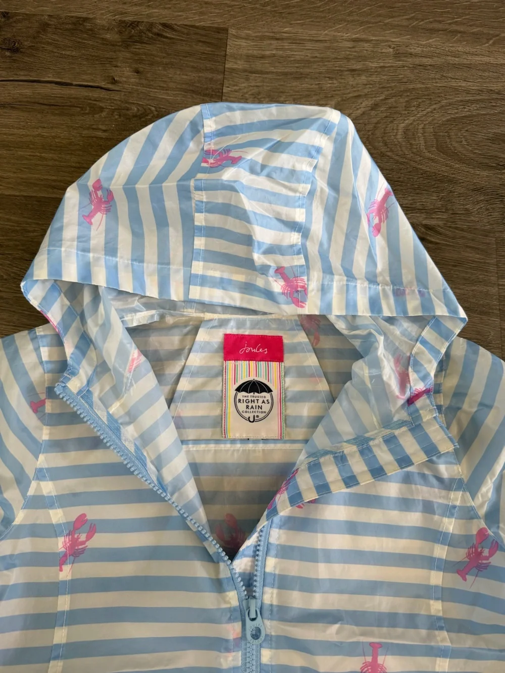 Joules Light Blue & White Striped Hooded Raincoat with Pink Lobsters